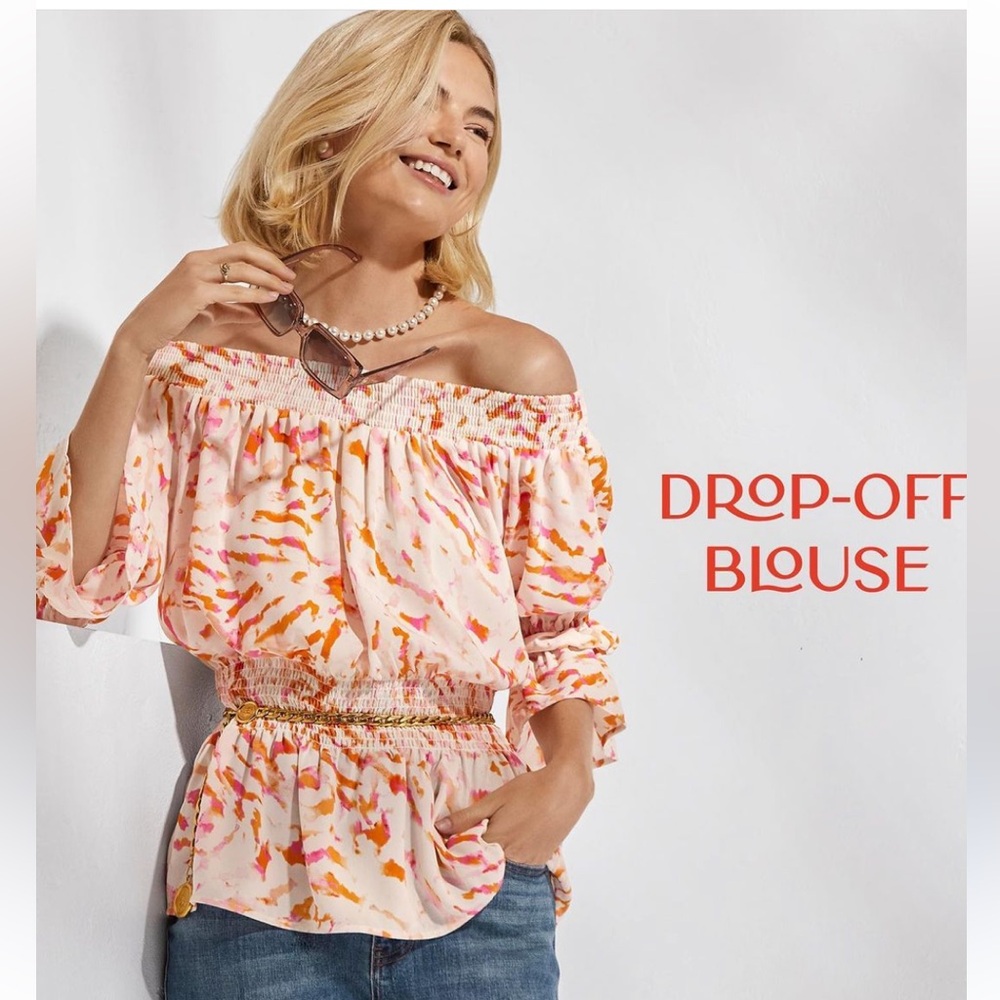 CAbi Pink and Orange Off-Shoulder Drop-Off Blouse